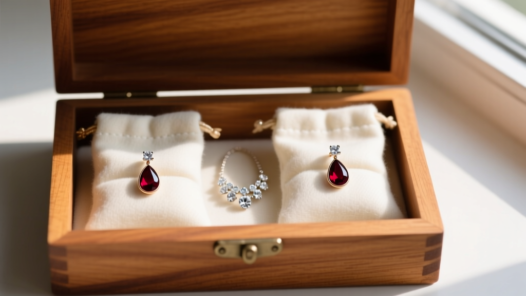 Two individual anti-tarnish flannel pouches storing garnet drop earrings separately from harder diamond jewelry in a wooden box.