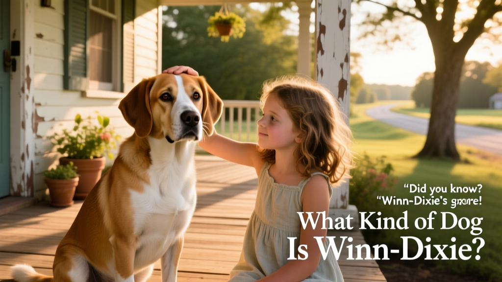 Winn-Dixie as portrayed in the film — a medium-sized, tan-and-white dog with expressive eyes and floppy ears, sitting calmly beside a young girl on a porch