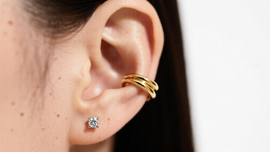 Close-up of a curated ear featuring a 14k gold helix hoop and diamond lobe studs, illuminated by soft, warm studio lighting.