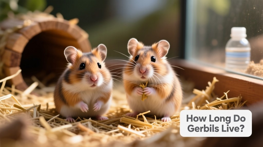 A pair of healthy Mongolian gerbils sitting side by side in a naturalistic enclosure with bedding and tunnels