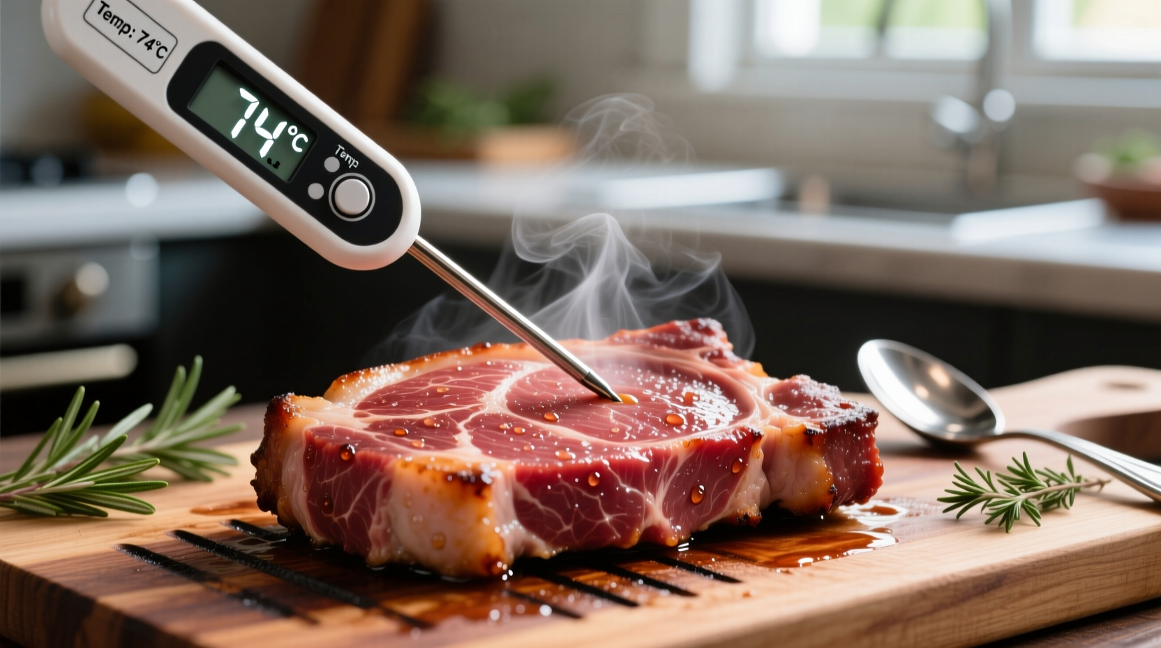 Digital thermometer measuring pork temperature in a juicy chop