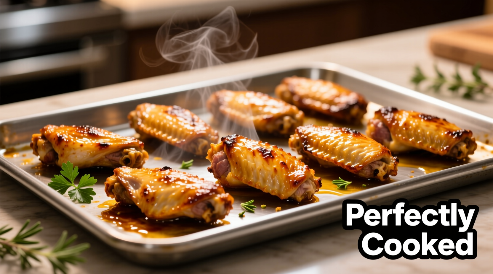 Perfectly cooked golden chicken wings on baking sheet