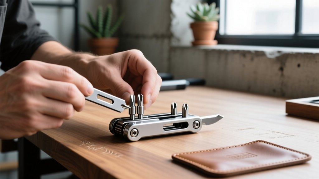 Hands assembling a modular titanium EDC pry tool with interchangeable magnetic bits on a workbench.