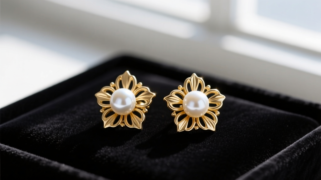 Macro view of Jennifer Behr Iris Pearl Earrings on dark velvet, highlighting gold floral motifs and luminous white pearls.