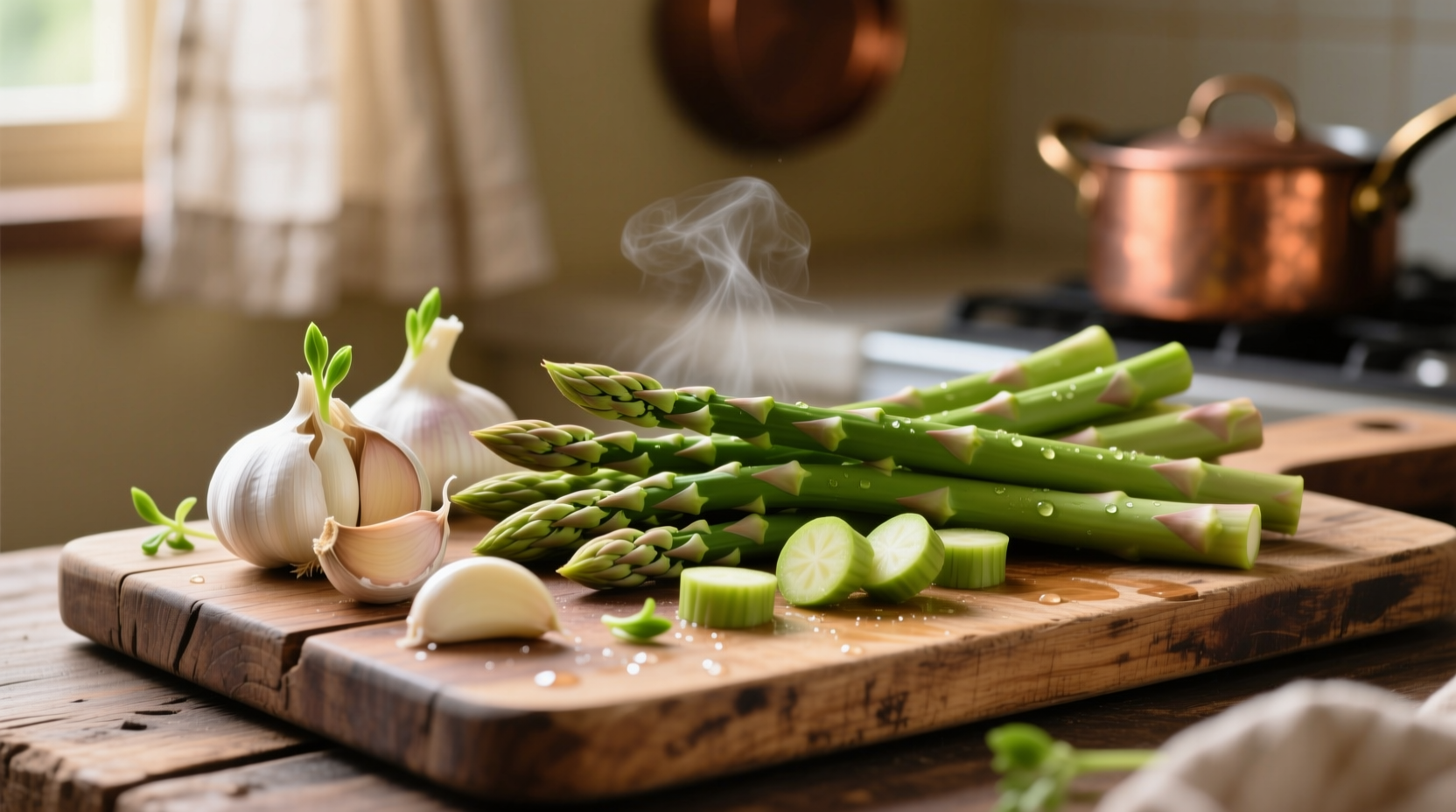 Fresh garlic and asparagus on wooden cutting board