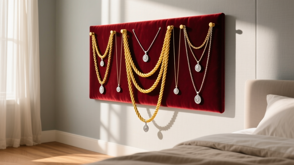Elegant velvet-lined wall necklace organizer displaying untangled gold rope chains and silver pendants in a sunlit bedroom