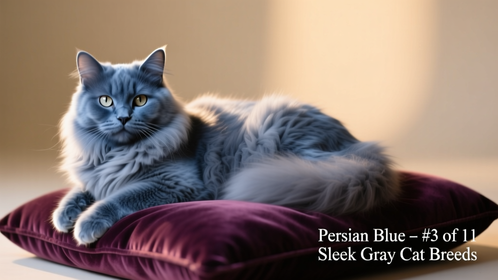 A serene Persian Blue cat resting on a velvet cushion, showcasing its full, silvery-blue coat and gentle expression