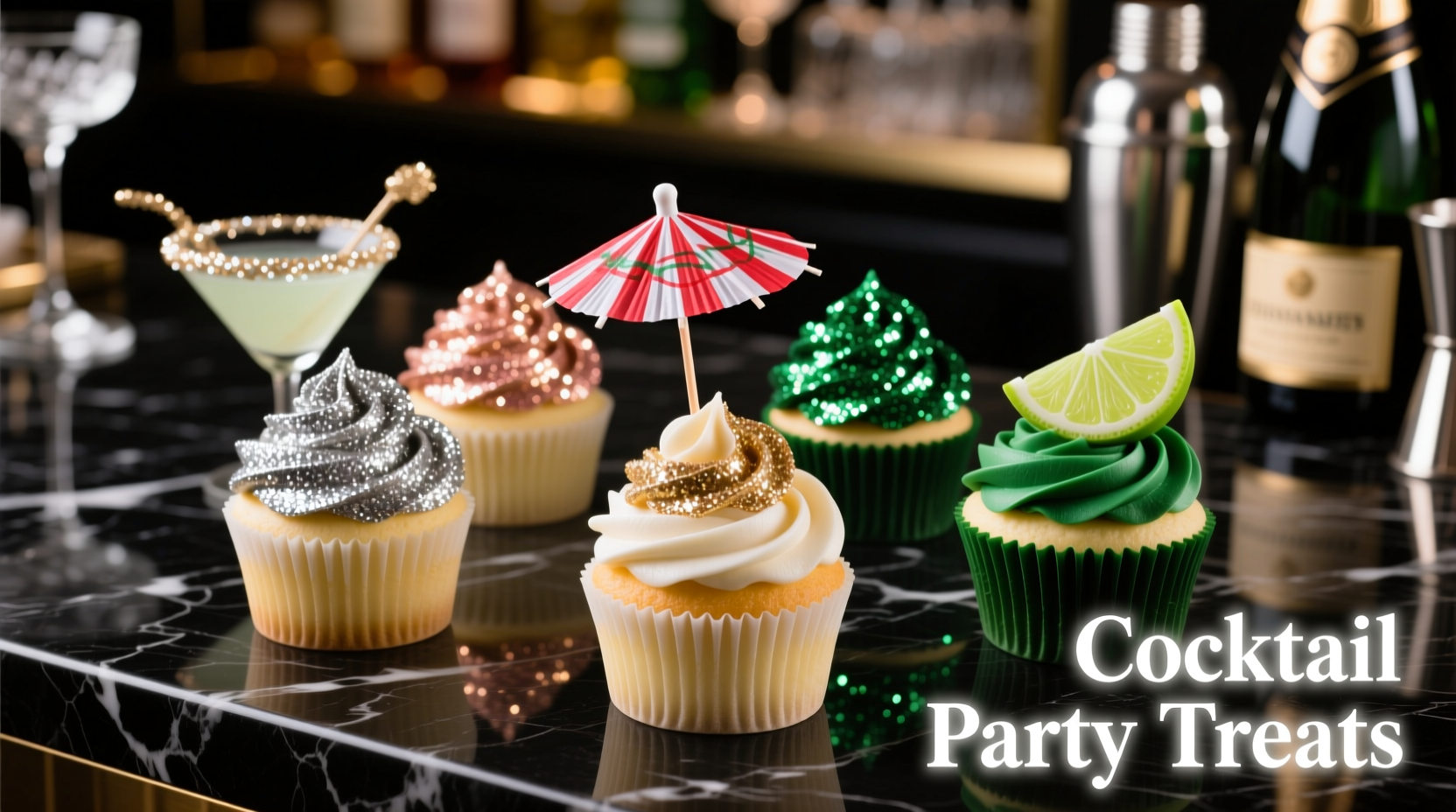 how to decorate cupcakes with edible glitter for a cocktail-themed party