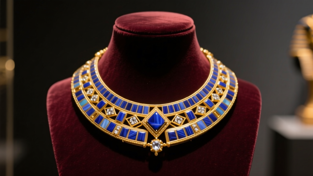 Ornate Nefertiti collar necklace with lapis lazuli and gold vermeil on a dark velvet display bust under soft gallery lighting