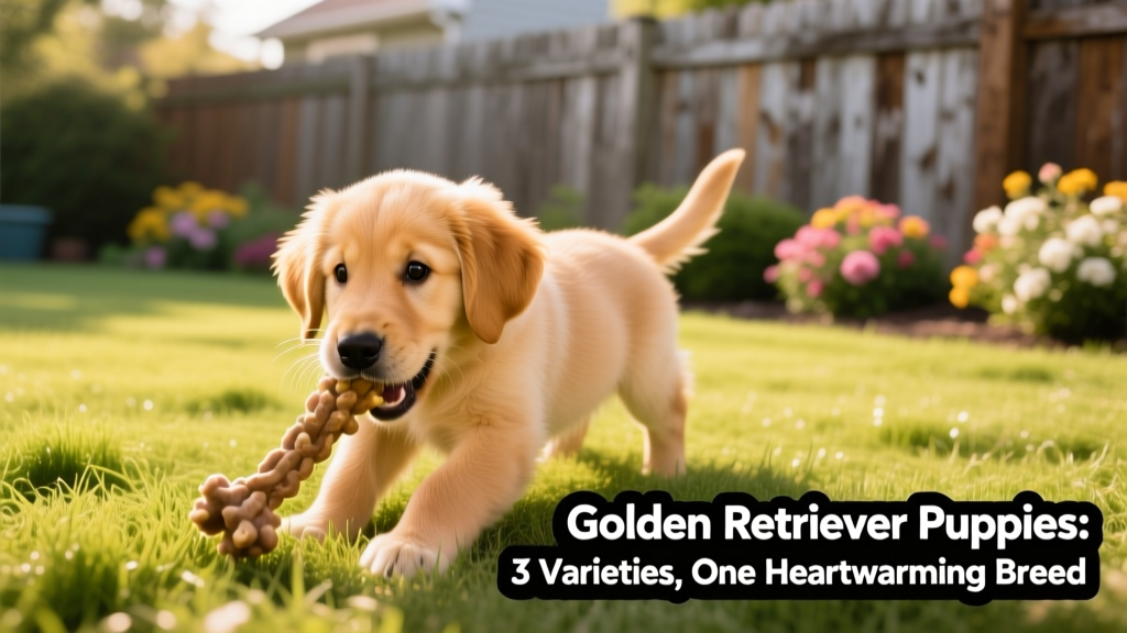 Golden Retriever puppy playing with a chew toy in a sunlit backyard