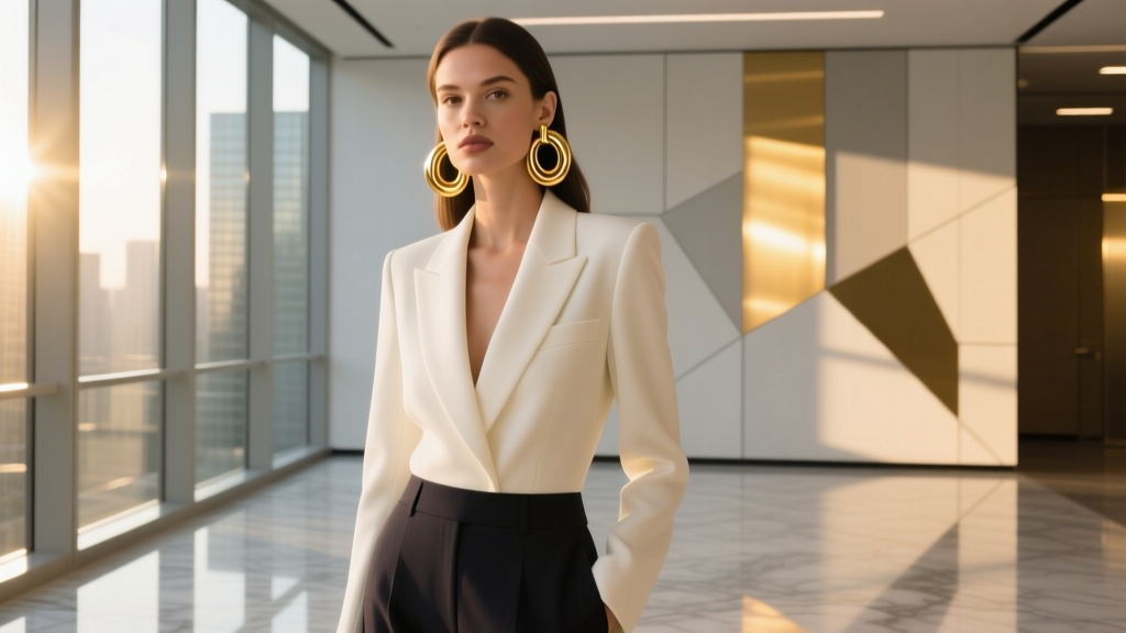Editorial shot of a model styling 50mm two tone gold statement hoops with a blazer, highlighting modern 2026 office fashion trends