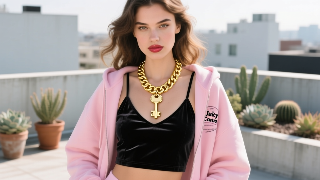 A young woman wearing a layered Y2K outfit, featuring a chunky gold Juicy Couture key necklace over a black velvet halter top.