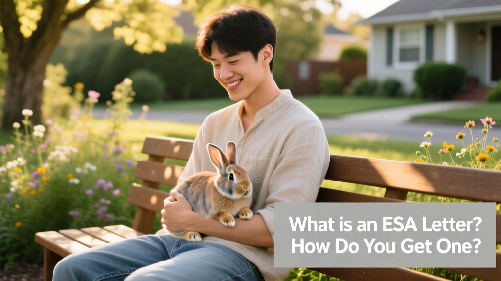 A person smiling softly while holding a small rabbit gently in their lap, seated outdoors in natural light