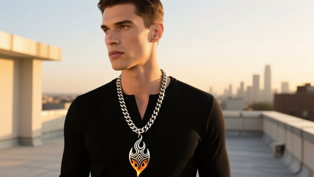 Male model wearing a thick 10mm stainless steel Cuban link chain with a large tribal flame pendant on a black henley shirt