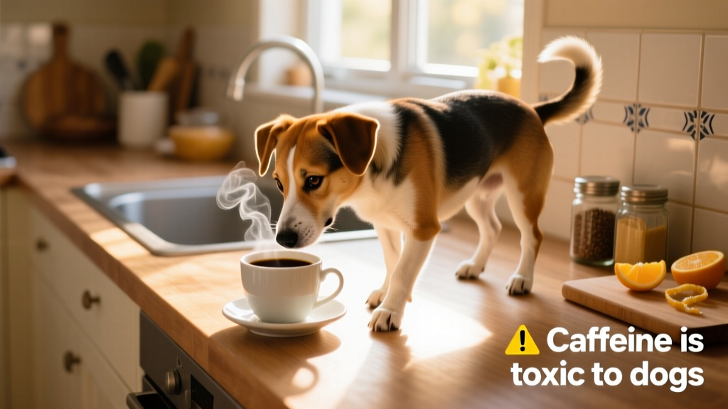 Dog cautiously sniffing a coffee cup on a kitchen counter — illustrating accidental exposure to caffeinated beverages