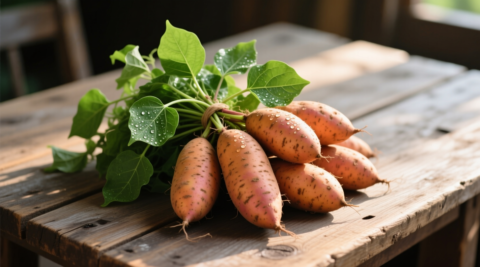 Fresh sweet potatoes with leaves on wooden table