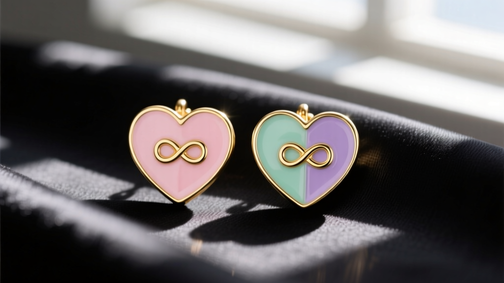 Close-up of 18k gold vermeil conversation heart earrings with pastel vitreous enamel and black text resting on dark silk fabric