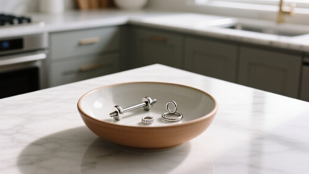 Overhead view of a ceramic bowl holding a disassembled ear stack, including a rook barbell and helix hoops, on a marble counter.