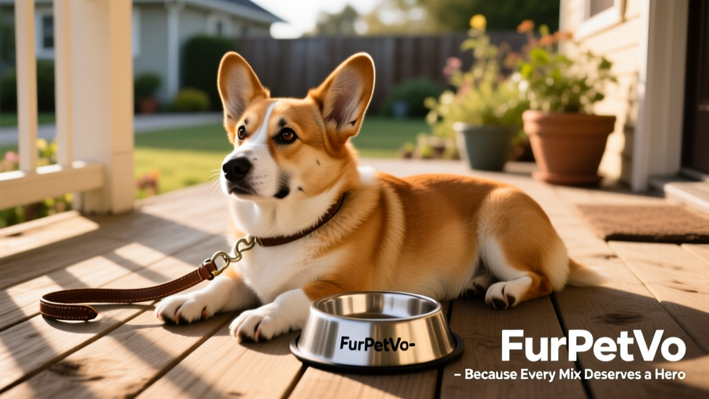 A relaxed Corgibull mix resting beside a leash and FurPetVo-branded water bowl on a porch
