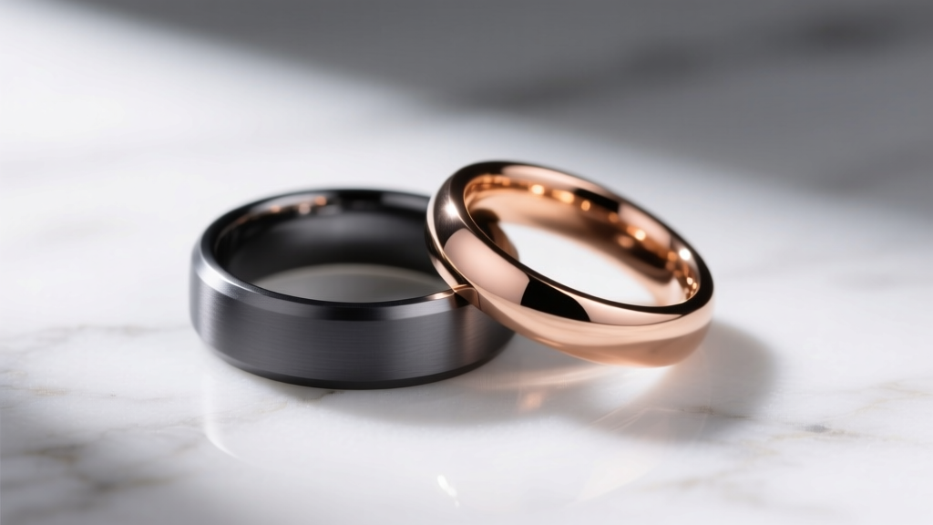 Side profile of dark grey tantalum ring and rose gold band interlocking on white marble surface with soft diffused shadows