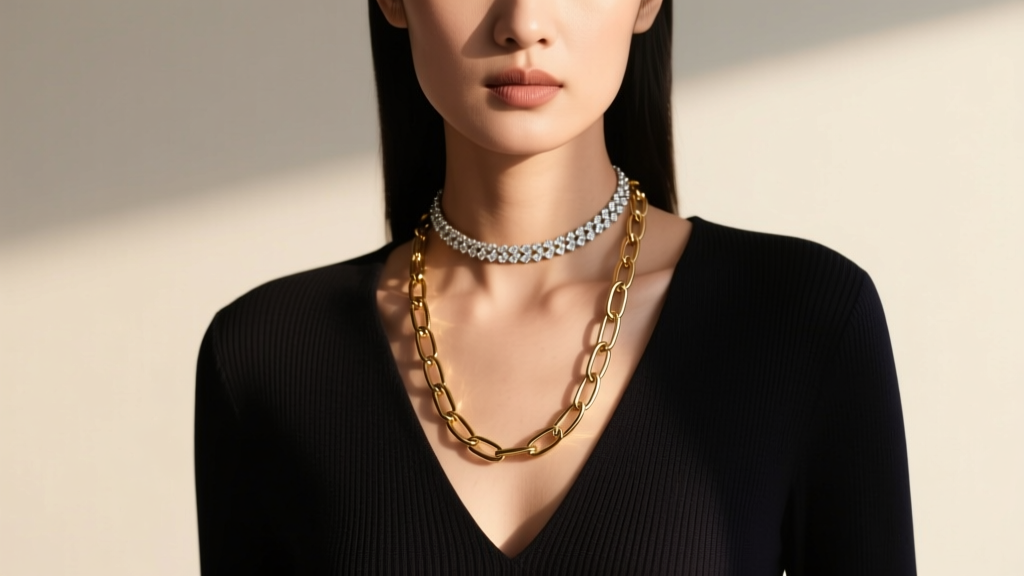 Model wearing a layered stack with a diamond choker and a long gold paperclip chain over a dark V-neck top in soft daylight