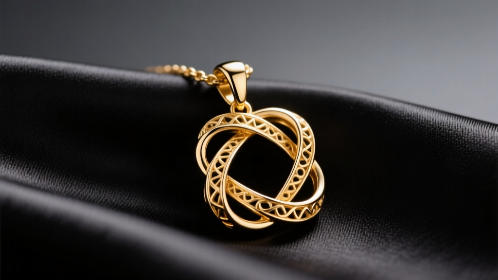 Macro shot of 14k gold interlocking orbital soulmate pendant on dark silk, soft warm lighting, high detail jewelry photography.