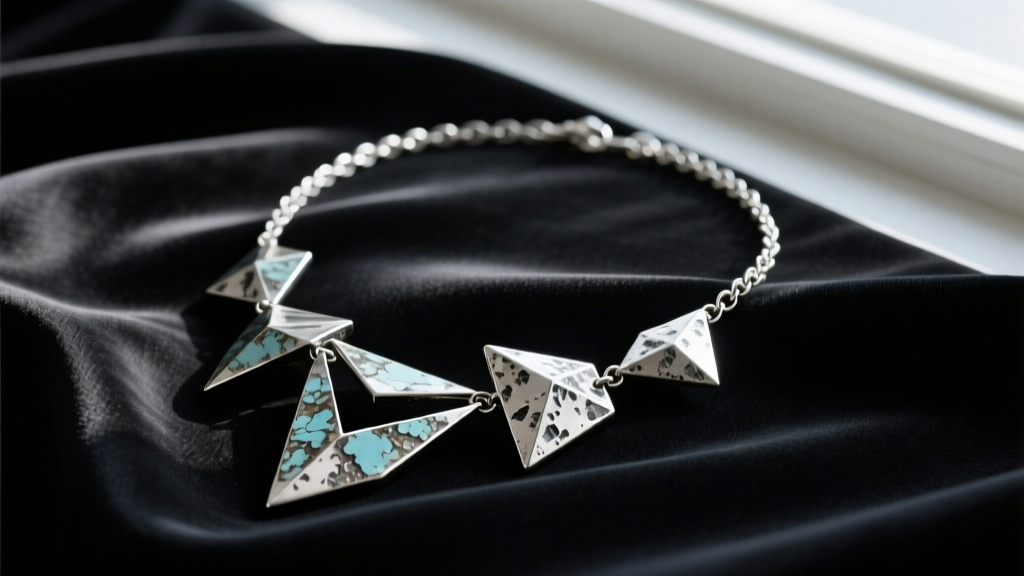 Close-up of an avant-garde Yohji Yamamoto oxidized silver necklace with asymmetrical pendants resting on dark black silk fabric