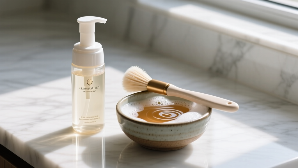 Commercial jewelry cleaning foam bottle beside a small ceramic bowl of warm soapy water and a soft brush on a marble countertop.