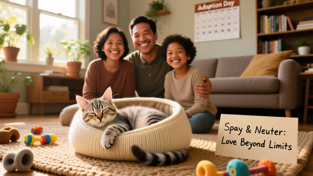 A joyful family smiling as their newly adopted, already-spayed kitten naps in a cozy carrier beside them