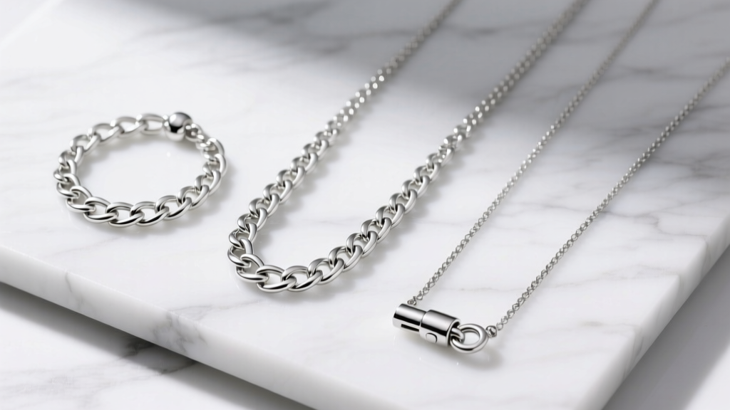 Flat lay of three 925 sterling silver chain necklaces on white marble showing varying link widths, lengths, and clasp styles