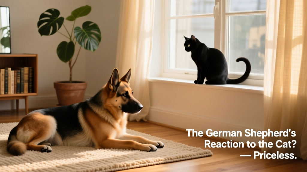 German Shepherd and cat sharing the same room but maintaining respectful distance—one lying on a rug, the other perched on a windowsill