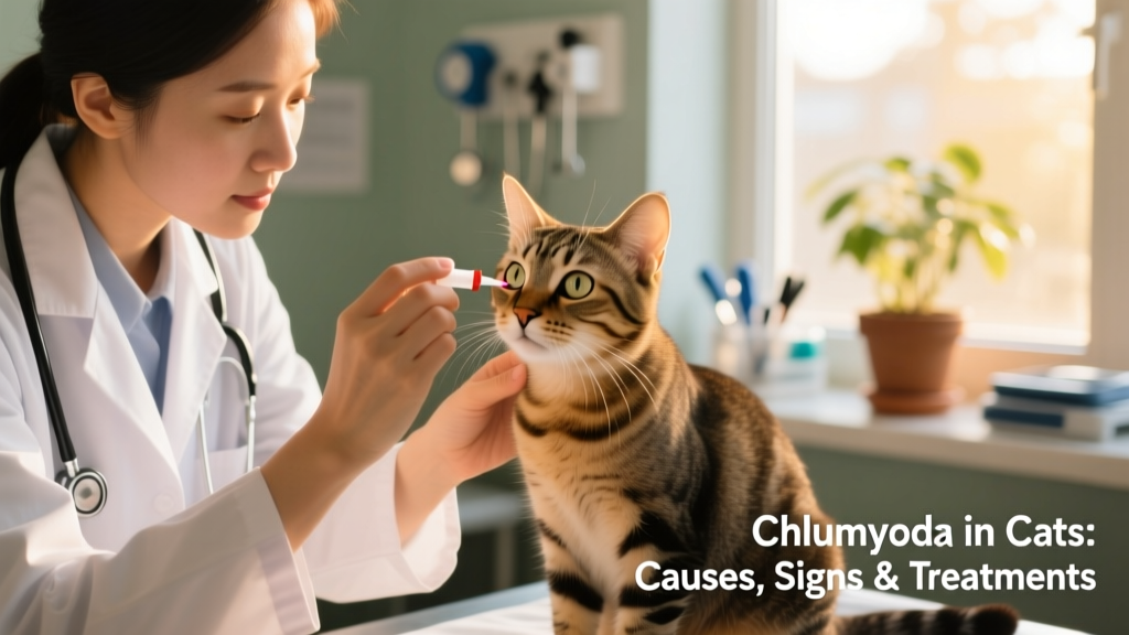 Veterinarian gently applying eye ointment to a calm cat during an exam