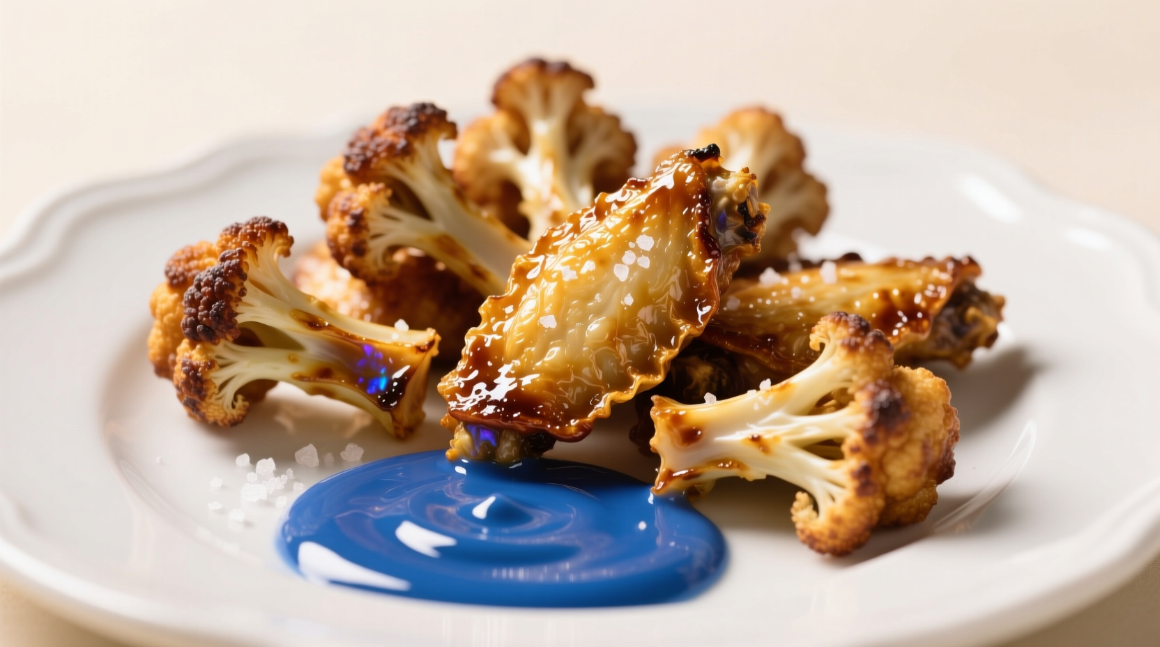 Golden brown cauliflower wings on white plate with blue dipping sauce