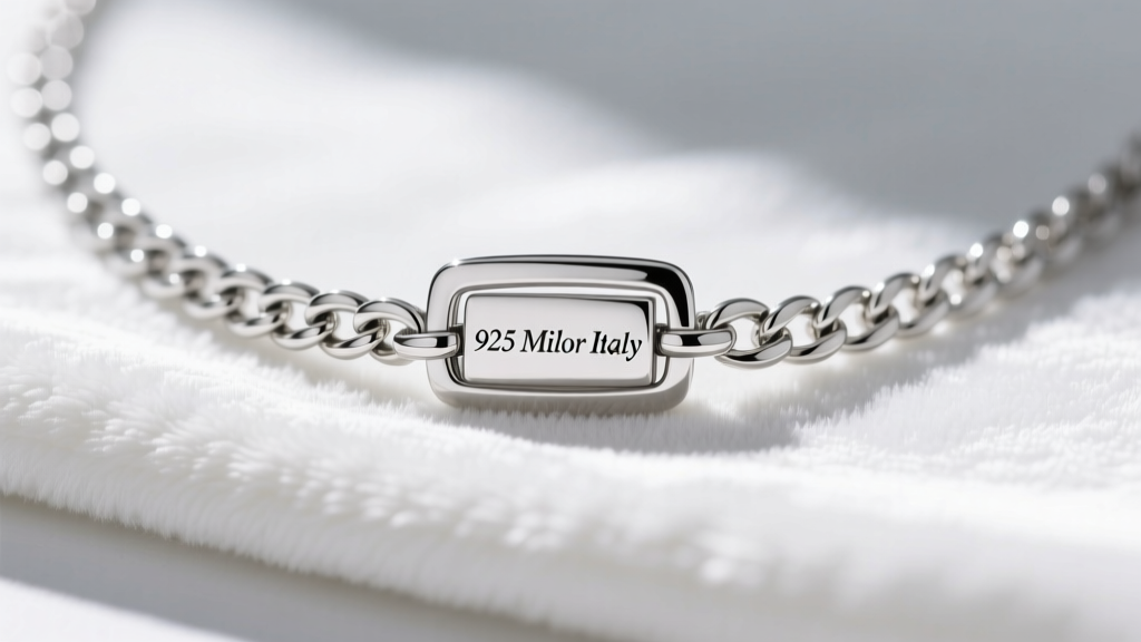 Close-up of silver chain necklace clasp with engraved 925 Milor Italy stamps resting on soft white velvet fabric in bright light.