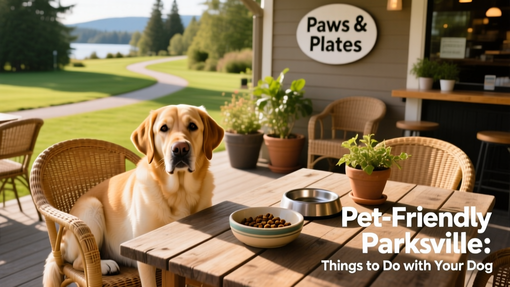 Golden Labrador relaxing beside a table at a sunny outdoor patio of a dog-friendly restaurant in Parksville