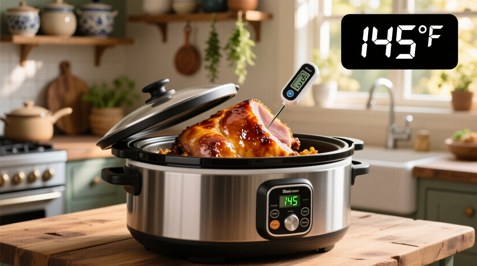 Slow cooker with glazed ham and thermometer