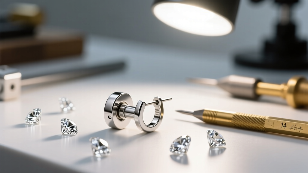 Workbench displaying a disassembled platinum earring hinge, 14-gauge mandrel, and loose melee diamonds under a bright halo lamp.
