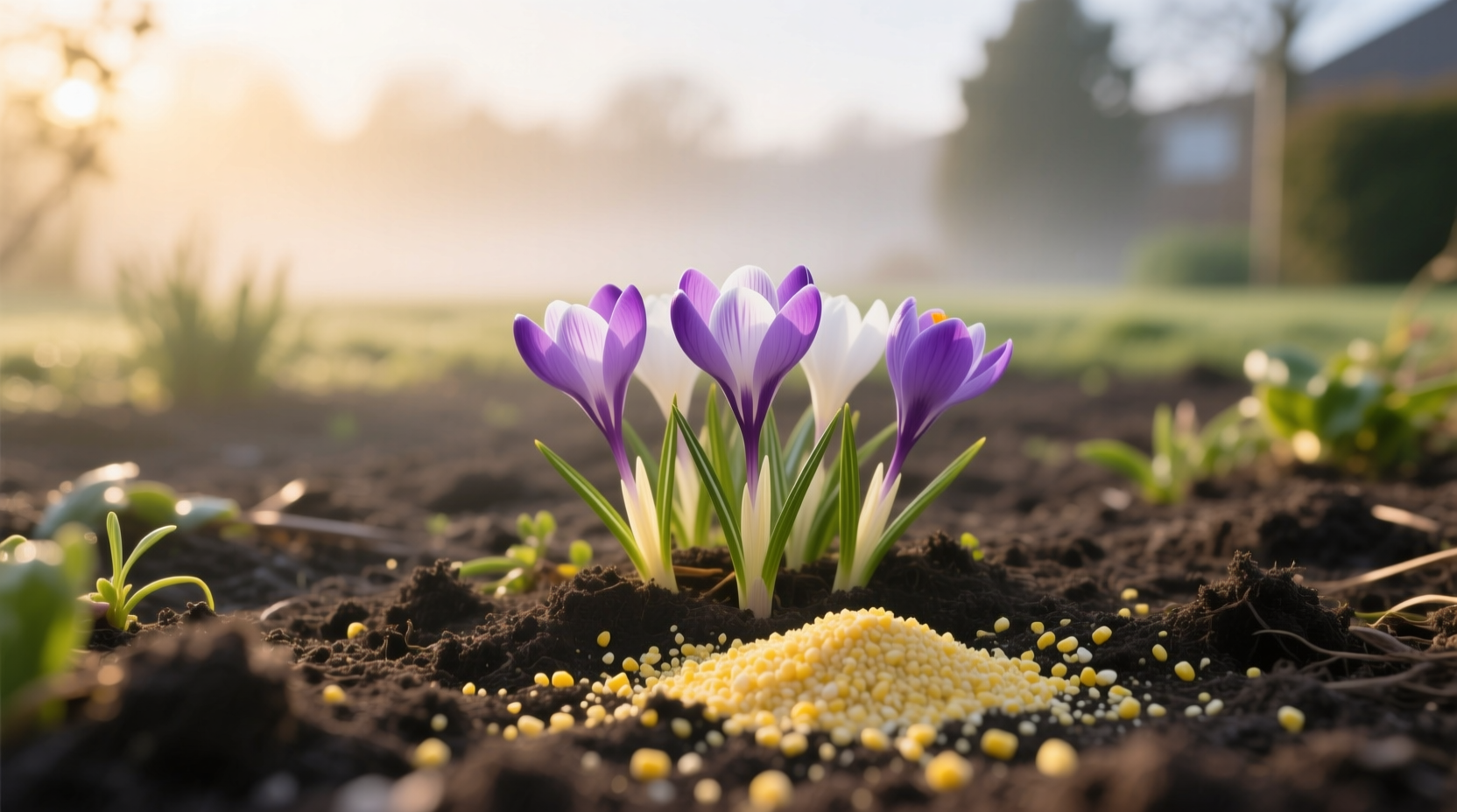 Spring garden timing showing crocus blooms indicating pre-emergent window for corn gluten meal application to prevent weed seeds from germinating