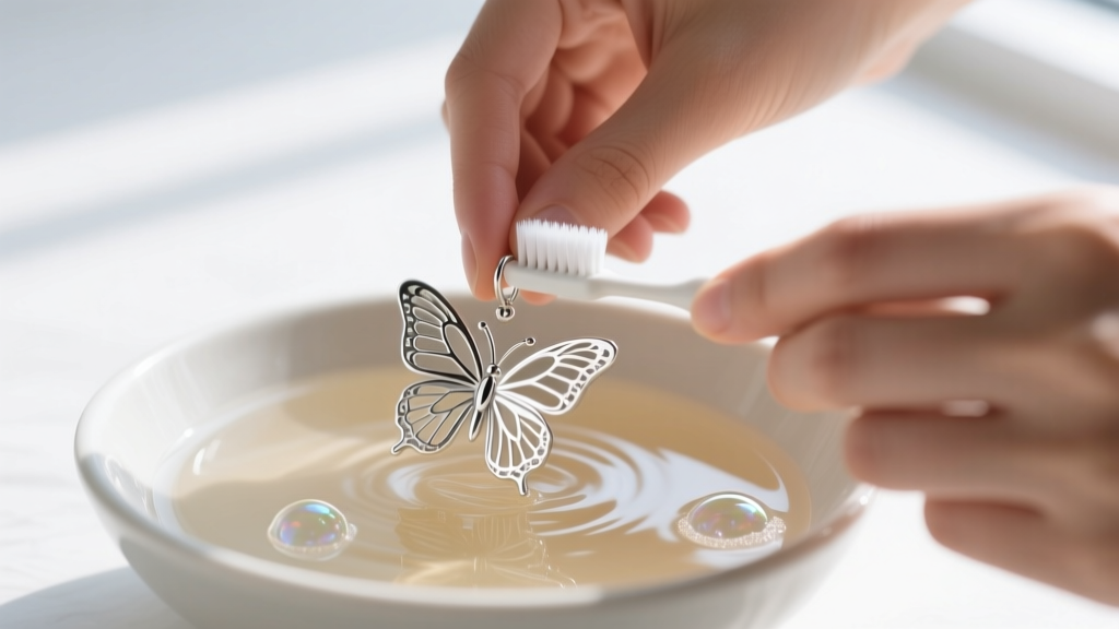 Hands gently cleaning a silver butterfly earring with a soft toothbrush in a bowl of warm soapy water under bright, natural window light.