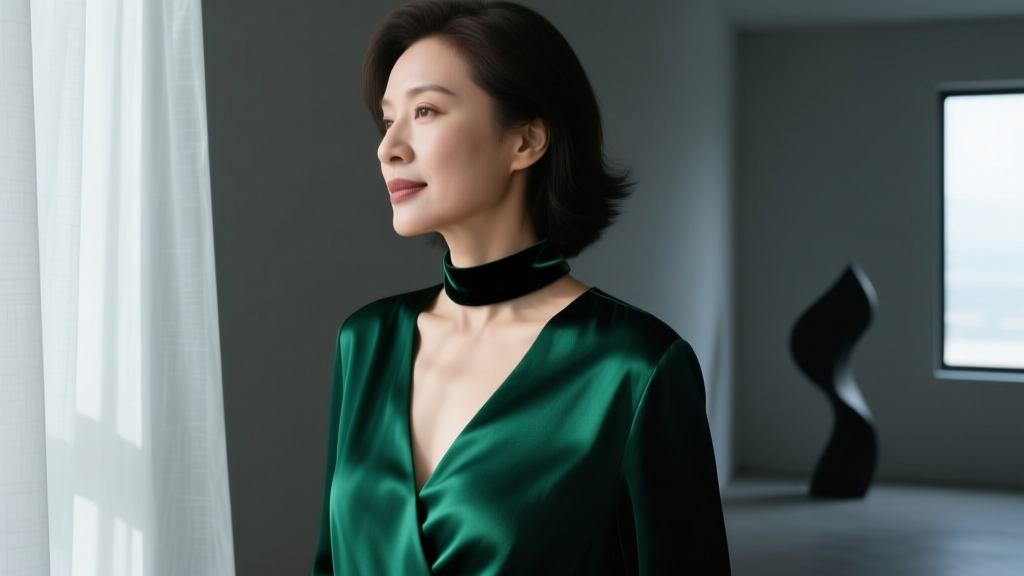 Woman wearing a black velvet choker necklace with a deep V-neck silk blouse, captured from a side profile in a dimly lit room.