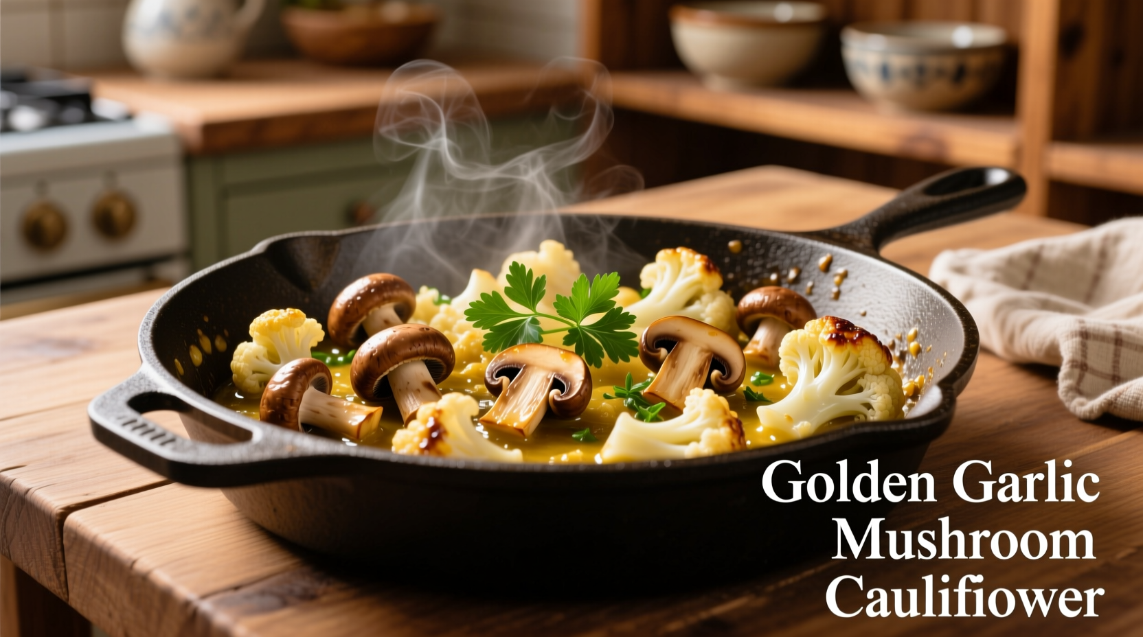 Golden garlic mushroom cauliflower skillet in cast iron pan