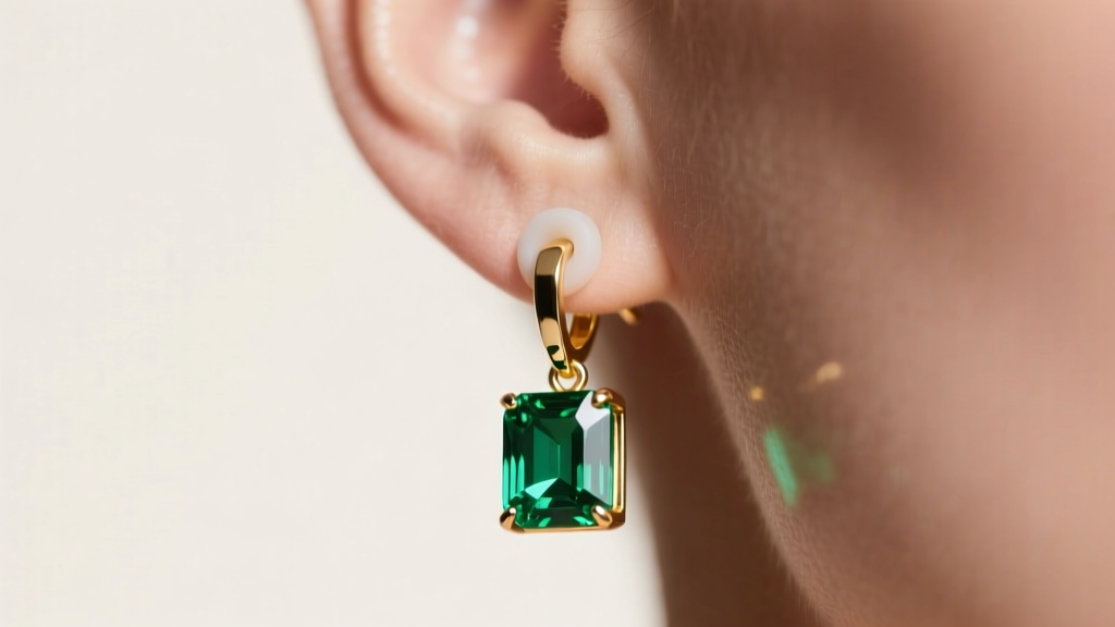 Macro shot of an earlobe wearing 18k gold emerald cut dangle earrings, highlighting step-cut facets and a secure silicone backing