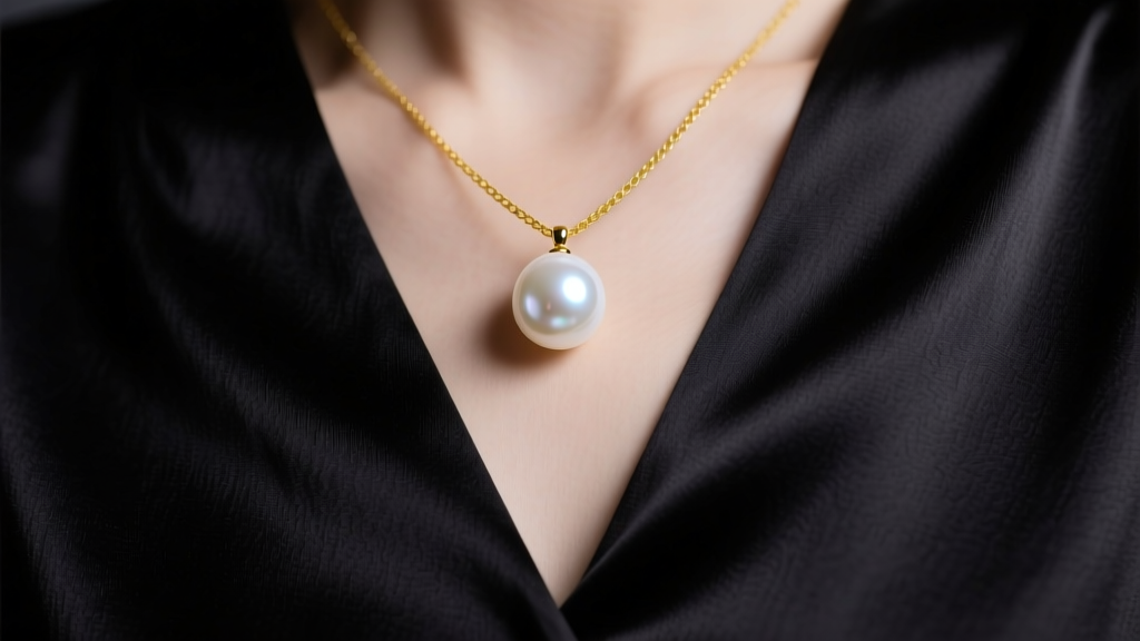 Close-up of a 10mm white Akoya pearl dangling from a 14k gold chain above a black V-neck silk blouse in soft studio lighting.