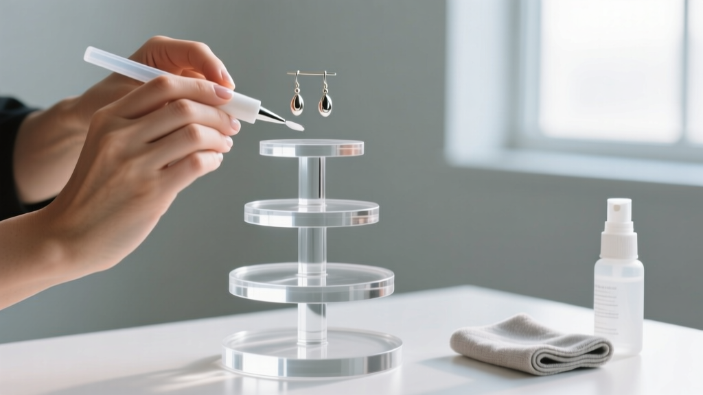 Hands applying specialized plastic polish to a tiered acrylic earring stand, with a microfiber cloth and spray bottle resting near.