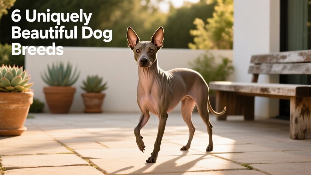 A sleek, hairless Xoloitzcuintli standing alert on a sunlit patio