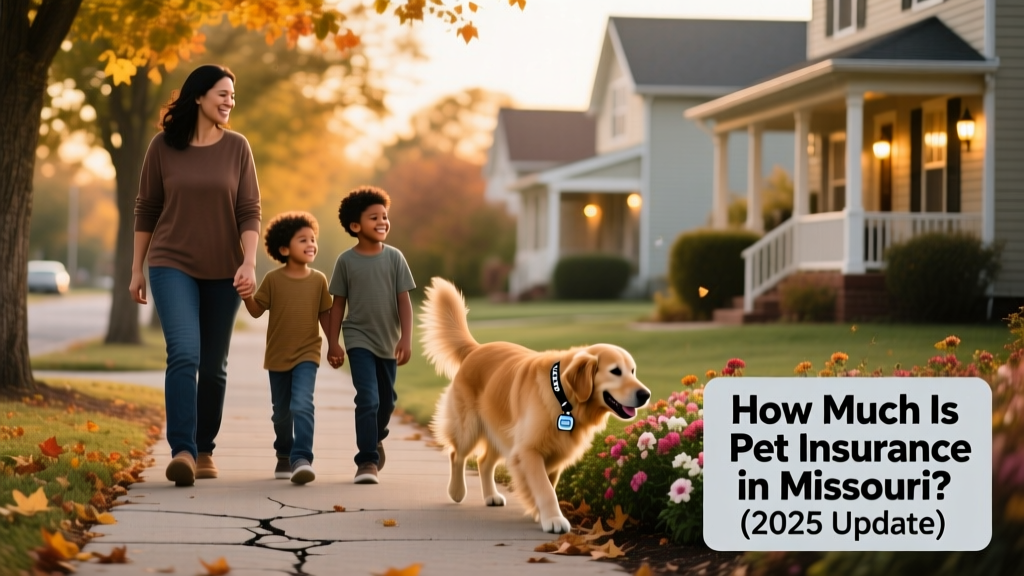 A friendly Missouri family walking their dog along a tree-lined neighborhood street at sunset