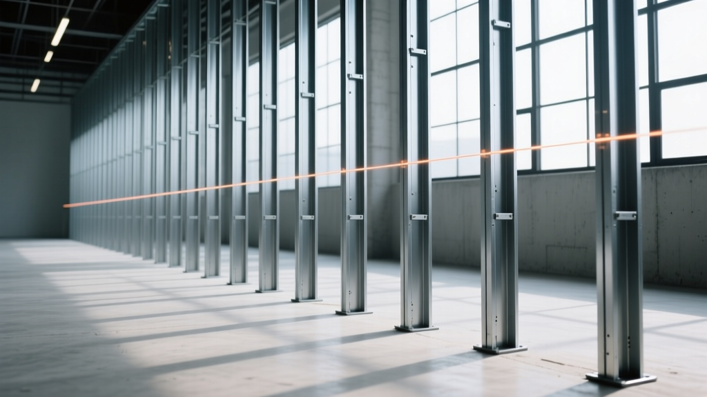 Commercial site showing bare steel framing studs of varying web widths installed along a concrete floor with laser lines