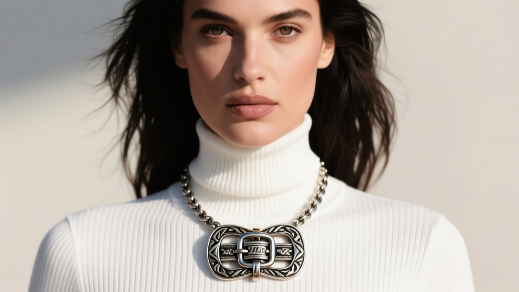 A model wearing a layered belt buckle initial necklace over a white ribbed turtleneck, highlighting the western-inspired hardware.