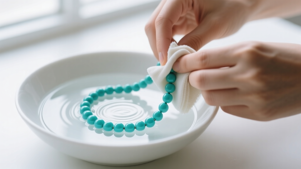 Hands gently wiping a turquoise seed bead necklace with a damp microfiber cloth over a white bowl of distilled water.