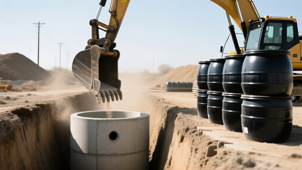 Backhoe lowering a precast concrete septic tank into a deep trench beside a stacked black polyethylene plastic tank
